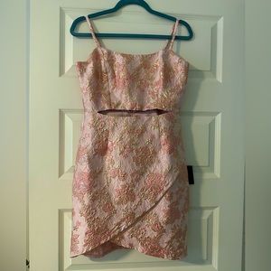 Your Attention Pink Metallic Floral Jacquard Cutout Mini Dress